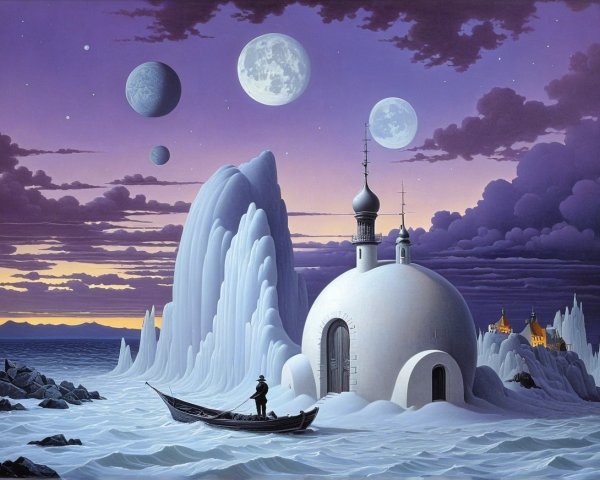Mysterious landscape with icy structures and celestial bodies