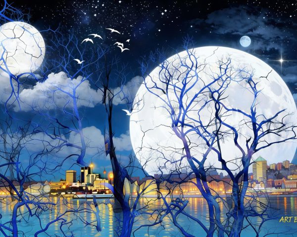 Blue Landscape with City and Textured Moons