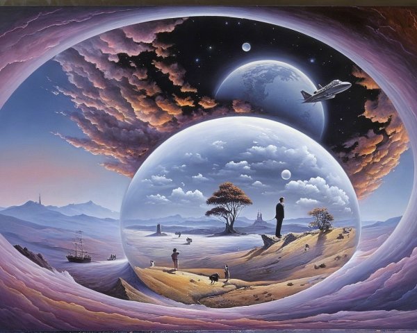 Surreal Landscape with Spherical Worlds and Cosmic Scene