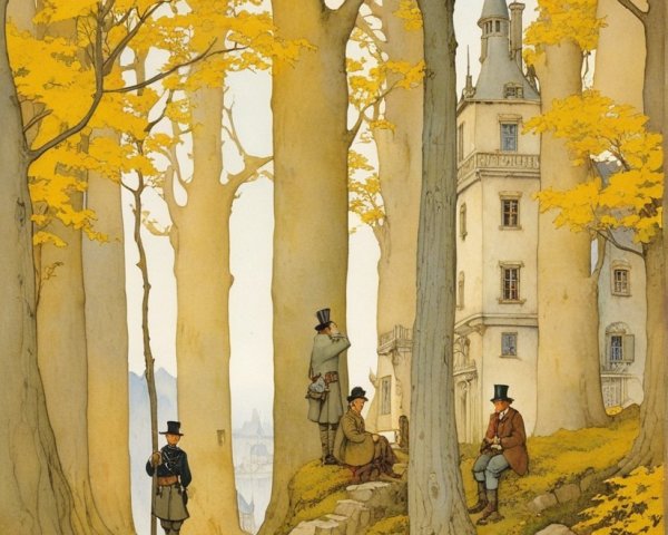 Autumn Scene with Trees, Men in Top Hats, and Building