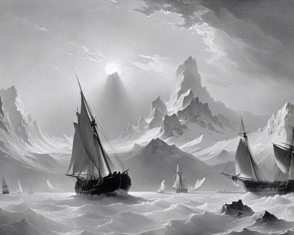 Sailing Ships in Tranquil Waters with Mountain Backdrop