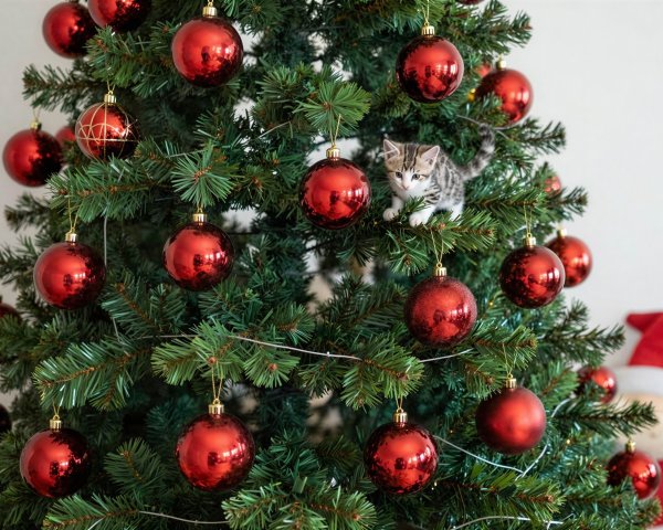 Christmas Tree with Red Ornaments and Kitten