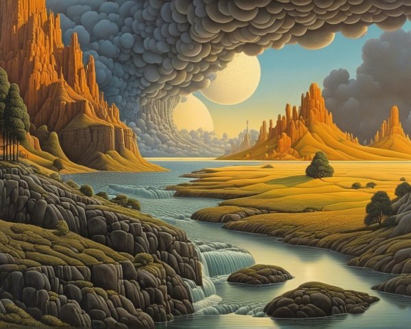 Surreal Landscape with Towering Rock Formations and Planets