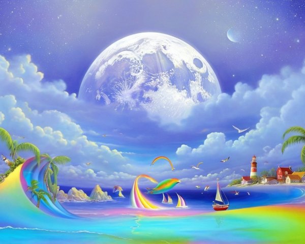 Vibrant Seascape with Moonlit Ocean and Sailboats