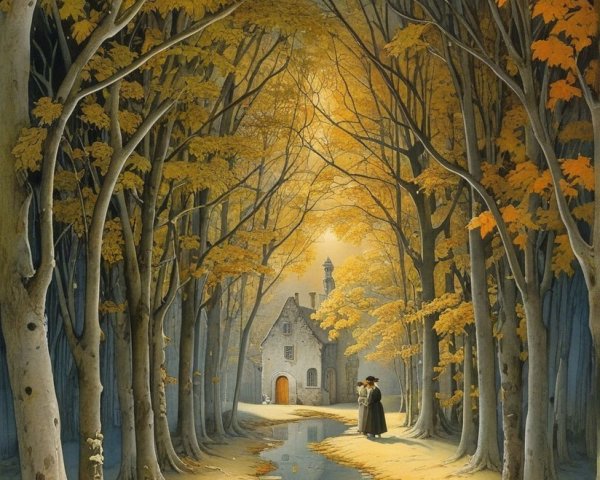 Autumn Pathway with Trees and Stone Cottage