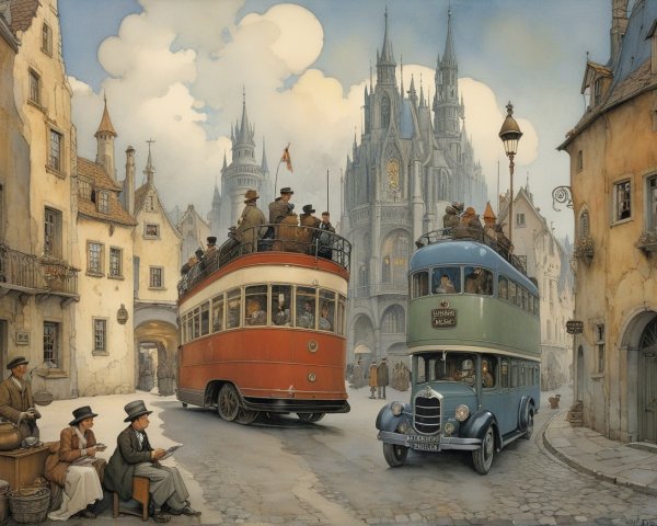 Vintage Buses in Quaint Town Square Scene