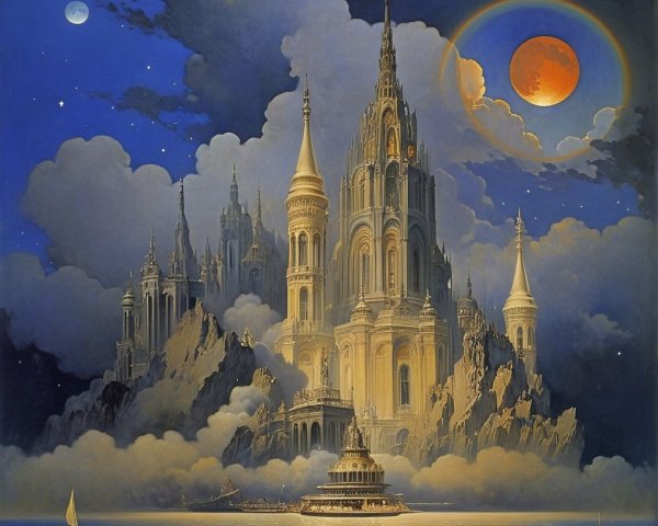 Ethereal castle under blood-red moon and misty mountains