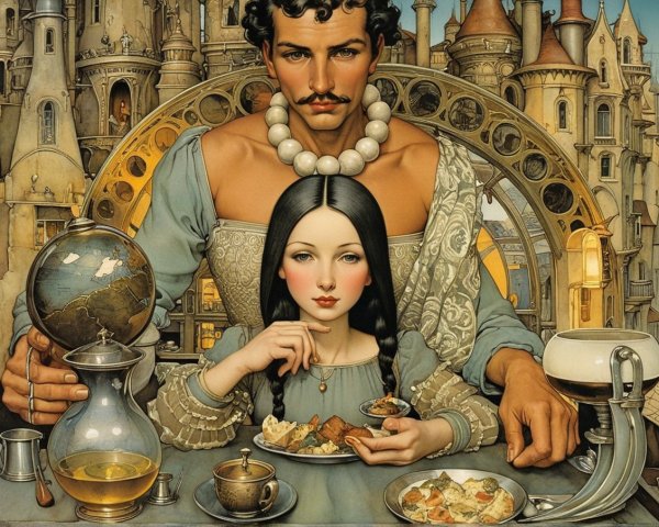 Lavish Table Setting with Man and Woman in Fantasy Scene
