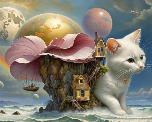 Giant Cat and Seashell Structure in Surreal Landscape