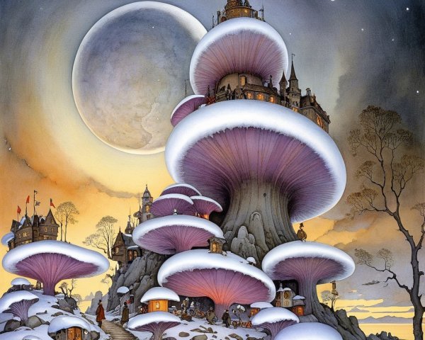 Whimsical Winter Wonderland with Mushroom Village Scene