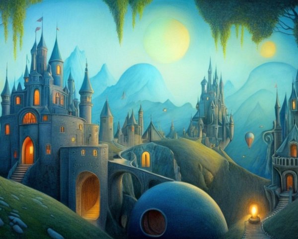 Whimsical Landscape with Castles and Hot Air Balloons