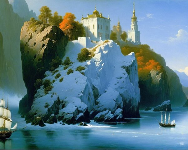 Coastal Landscape with Cliffs, Temple, and Sailing Ships