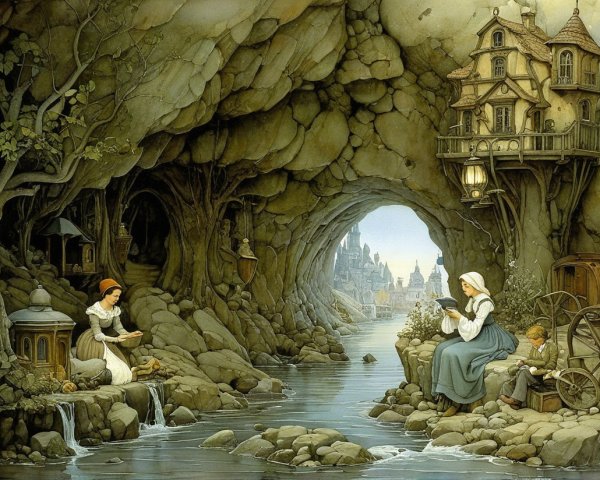 Women and child in whimsical cave by gentle stream