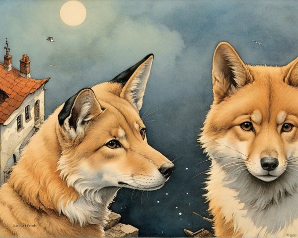 Stylized foxes in a mystical moonlit scene
