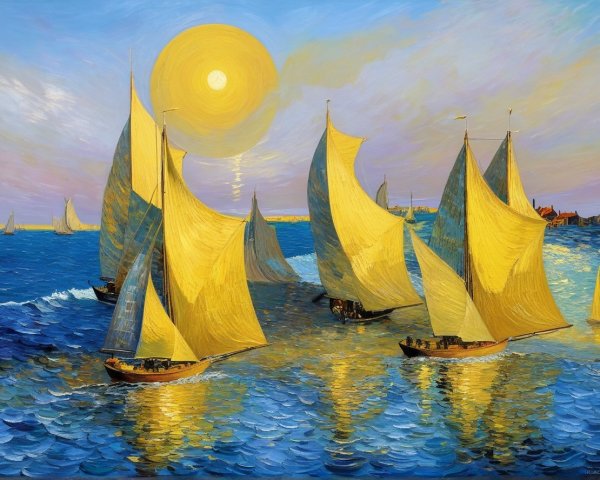 Vibrant Seascape with Sailboats and Golden Sunlight
