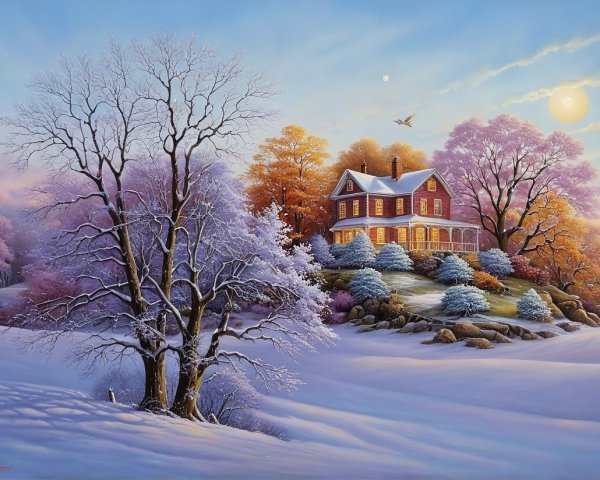 Serene Winter Landscape with Red House and Frosted Trees