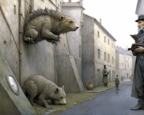 Surreal Street Scene with Scholar and Towering Bears