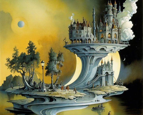 Surreal Landscape with Floating Island and Castle