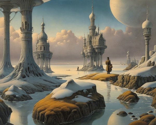 Surreal Landscape with Ornate Structures and Icy Rocks