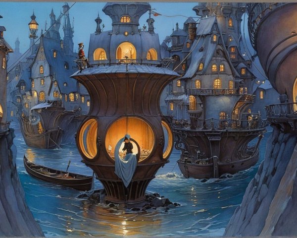 Whimsical Townscape at Dusk with Glowing Windows