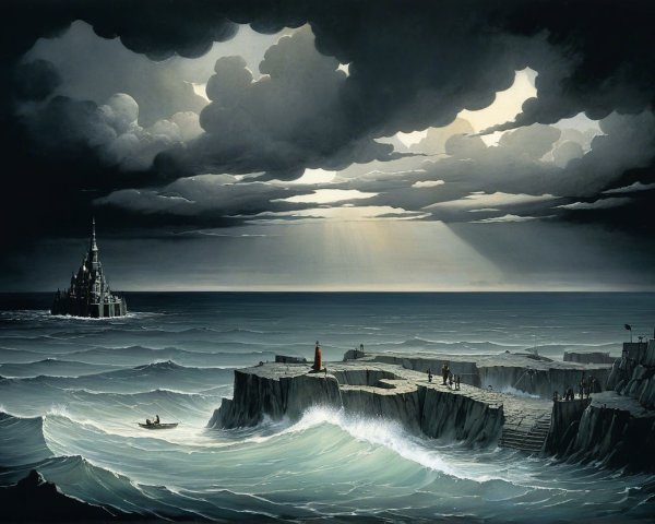 Dramatic Seascape with Rugged Shore and Castle Structure