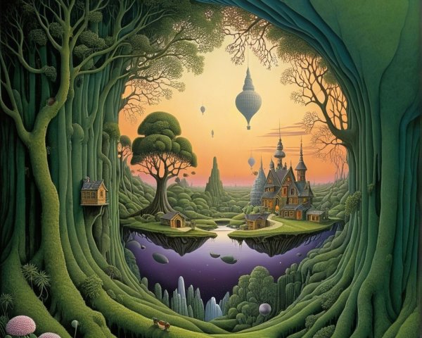 Magical Landscape with Floating Islands and Balloons