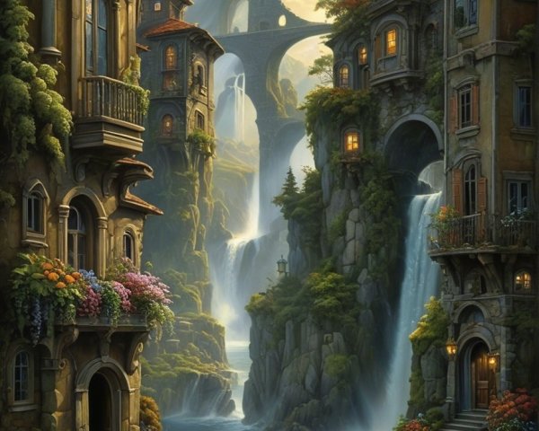 Serene Fantasy Landscape with River and Waterfalls