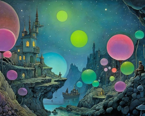 Dreamy Landscape with Whimsical Castle and Bubbles