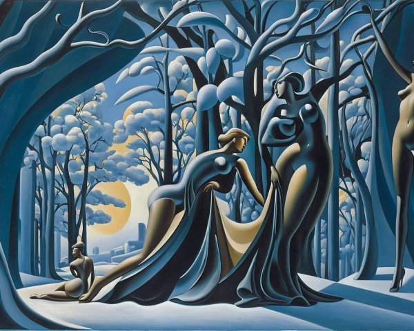 Surreal Winter Landscape with Feminine Figures