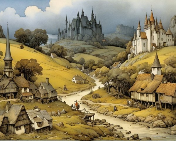 Whimsical Landscape with River and Quaint Village