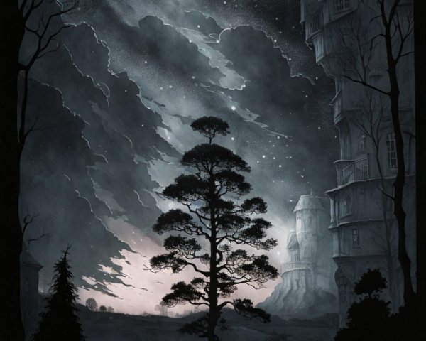 Silhouettes Before a Mysterious Mansion Under Moonlight