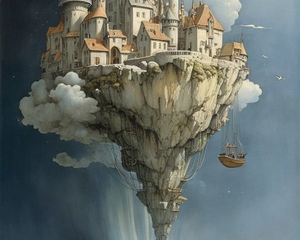Whimsical Floating Island City Above Calm Sea