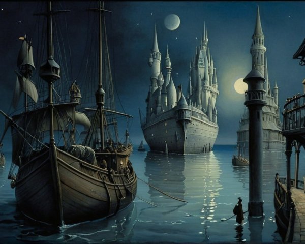Mystical Nighttime Harbor with Ships and Castle