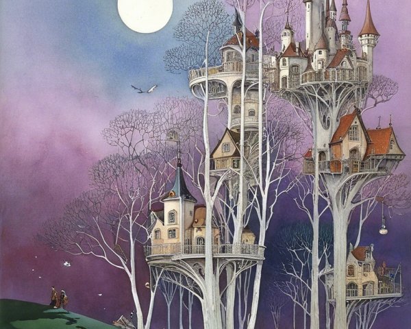 Whimsical Treehouses and Castle in Twilight Landscape