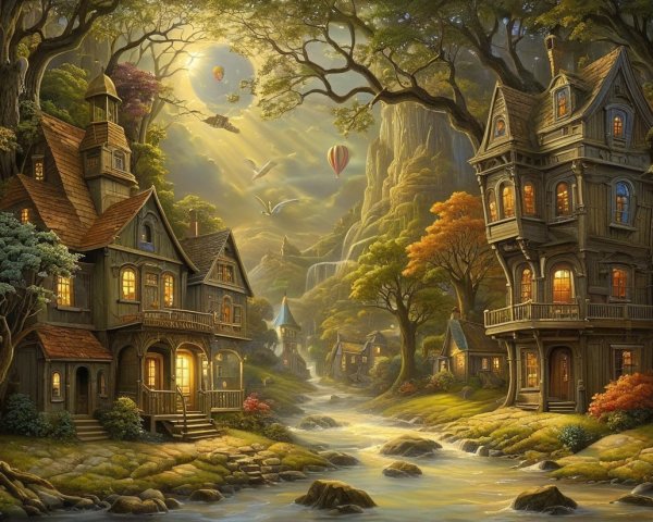 Whimsical Landscape with Wooden Houses and Balloons