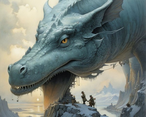 Majestic blue dragon in a rocky, icy landscape