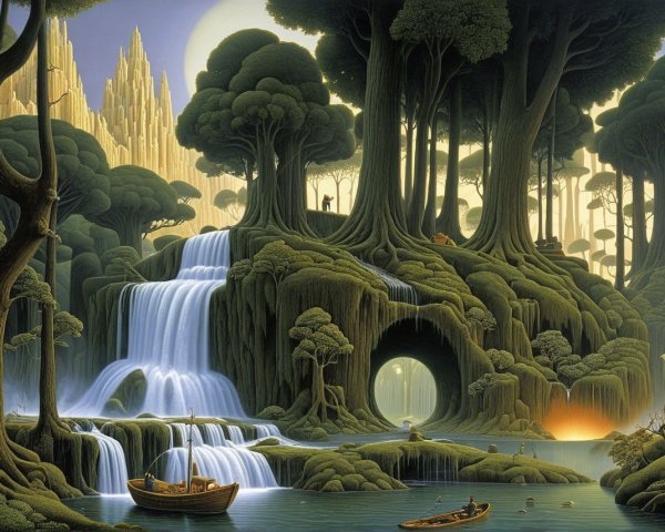 Serene Fantasy Landscape with Waterfalls and Castle