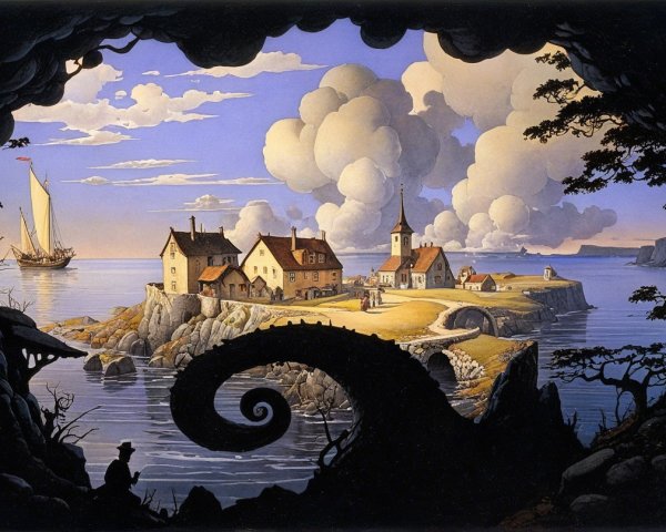 Coastal Village with Mythical Creature and Sailboat