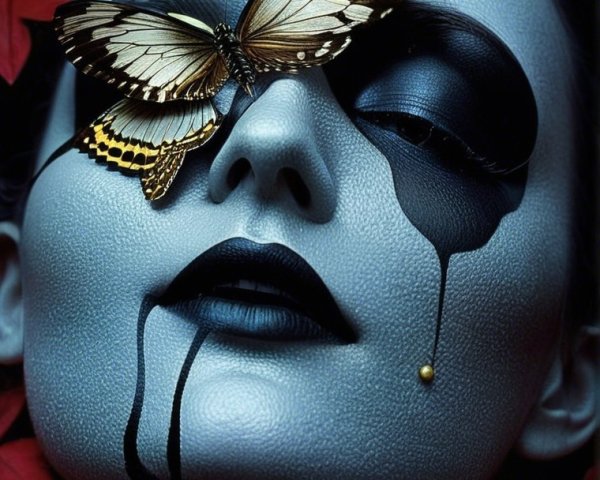 Ethereal figure with dramatic makeup and butterfly adornment