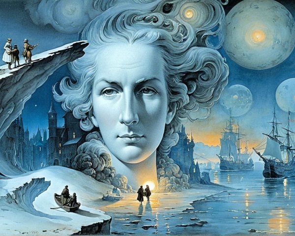 Surreal Landscape with Ethereal Face and Night Sky