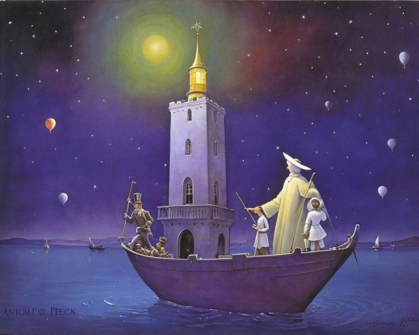 Victorian Figures in Boat Near Moonlit Tower