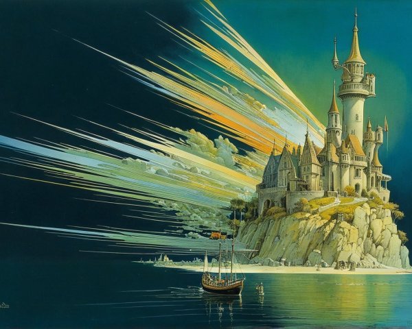 Majestic Castle on Rocky Island at Twilight