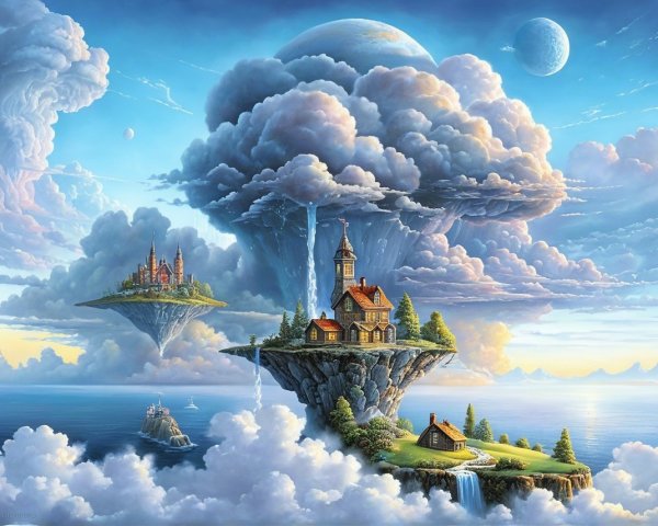 Surreal Landscape with Floating Islands and Castles