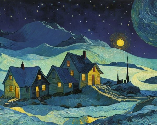 Serene night landscape with cozy illuminated houses
