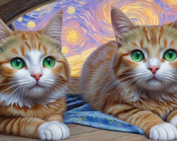 Orange Tabby Cats on Blue Blanket with Starry Sky