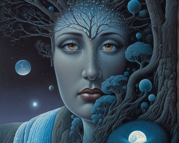 Surreal Woman's Face Merging with Nature Elements