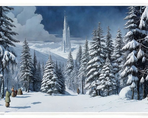 Winter Landscape with Snowy Forest and Castle Structure