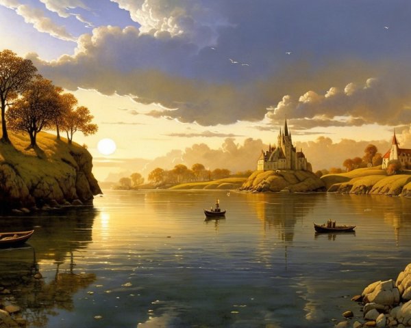 Serene River Landscape with Castle and Lush Trees