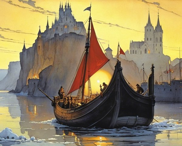 Twilight Scene of Castle and Ships on Calm Waters