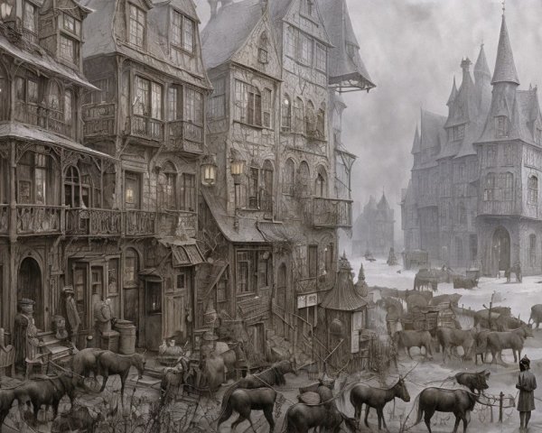 Medieval Town Scene with Fog and Wooden Buildings